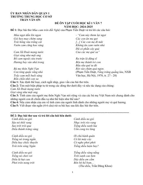 Đề cương ôn tập Học kì 1 Ngữ văn 7 năm 2024–2025 trường THCS Trần Văn Ơn (TP Hồ Chí Minh)